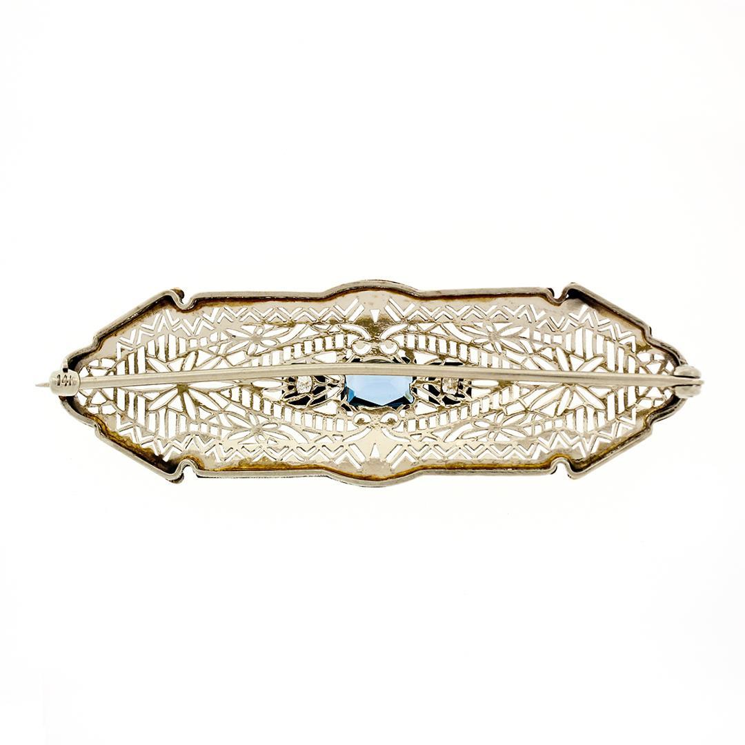 Antique Art Deco 14k White Gold Aquamarine & Diamond Open Filigree Wide Bar Pin