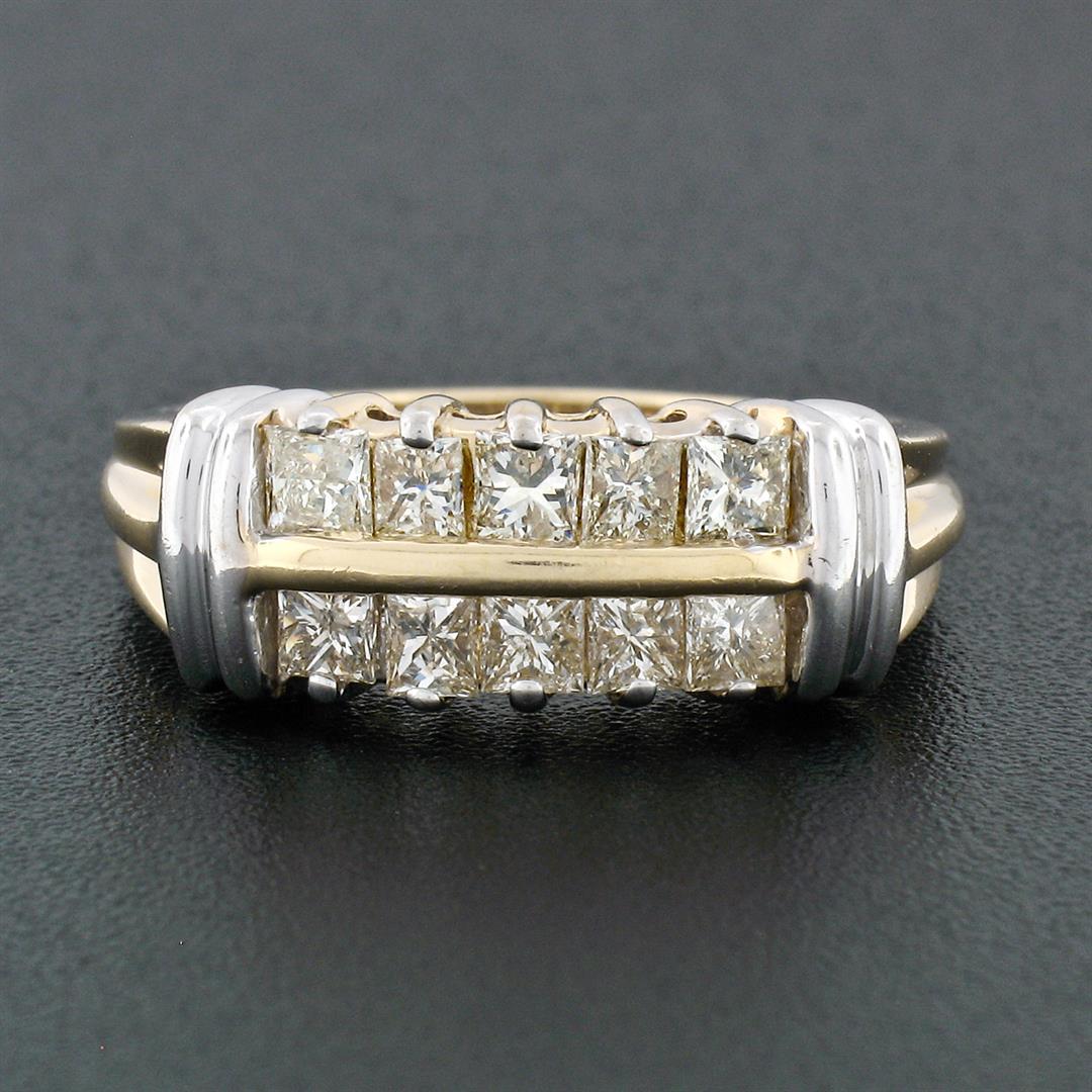 Modern 14k TT Gold 1.10 ctw Princess Cut Diamond 7.40mm Wide Dual Row Band Ring