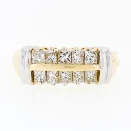 Modern 14k TT Gold 1.10 ctw Princess Cut Diamond 7.40mm Wide Dual Row Band Ring