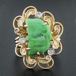 Vintage 14k Gold Carved Leaf Jade & Diamond Dual Finish Open Frame Cocktail Ring