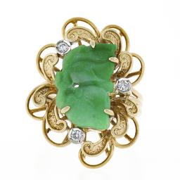 Vintage 14k Gold Carved Leaf Jade & Diamond Dual Finish Open Frame Cocktail Ring