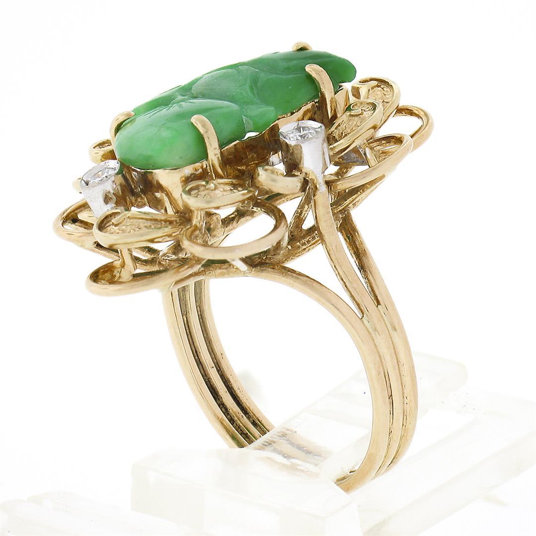 Vintage 14k Gold Carved Leaf Jade & Diamond Dual Finish Open Frame Cocktail Ring