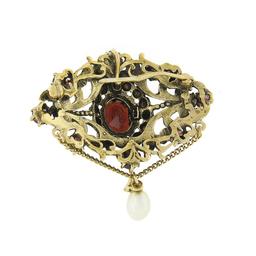 Vintage 14k Gold 4 ctw Round Oval Garnet Open Work Pearl Dangle Pin Brooch Penda