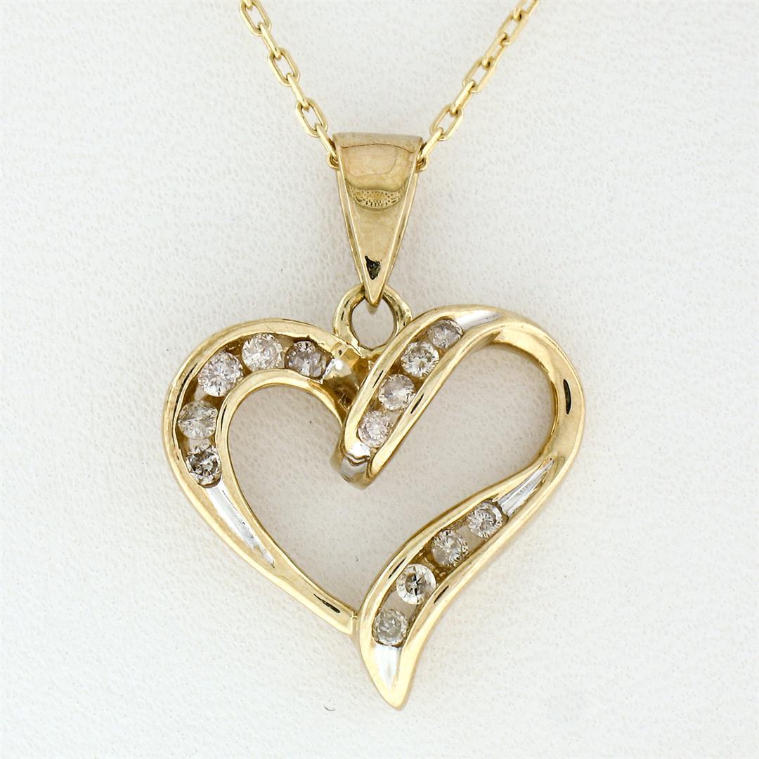 10k Yellow Gold 0.26 ctw Channel Set Round Diamond Open Heart Pendant Necklace