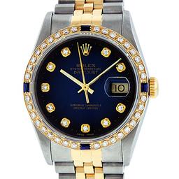 Rolex Mens Two Tone Blue Vignette Diamond & Sapphire Datejust Wristwatch 36MM