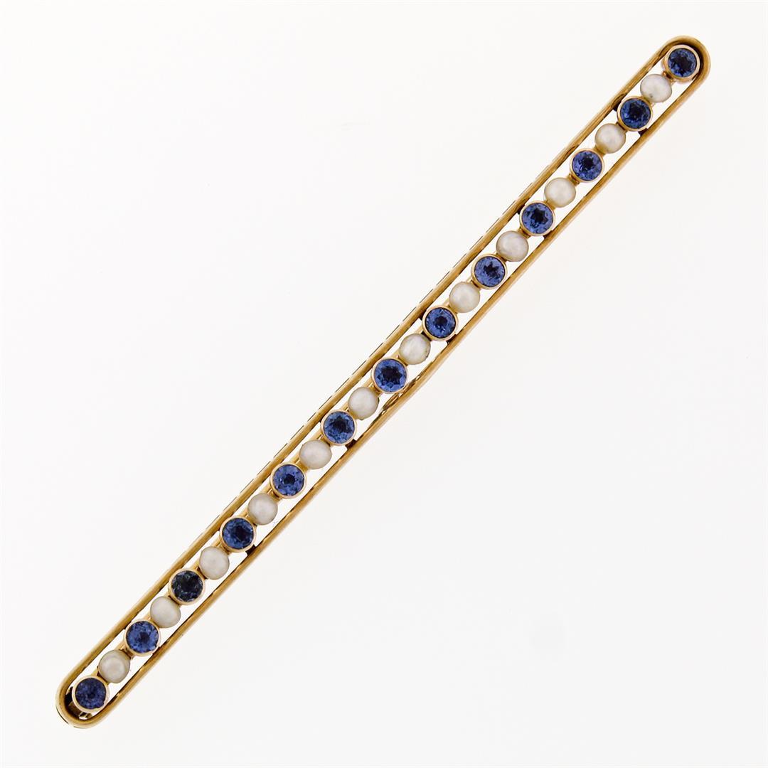 Antique Krementz 14k Gold 1.30 ctw Old Sapphire Natural Pearl Long Bar Pin Brooc