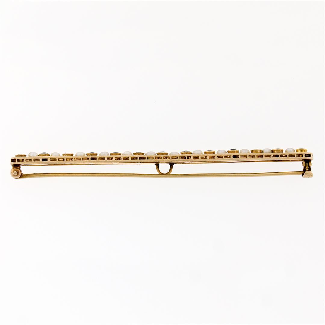 Antique Krementz 14k Gold 1.30 ctw Old Sapphire Natural Pearl Long Bar Pin Brooc