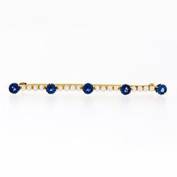 Antique 14k Gold 1.50 ctw Old Cut Montana Sapphire & Seed Pearl Bar Brooch Pin