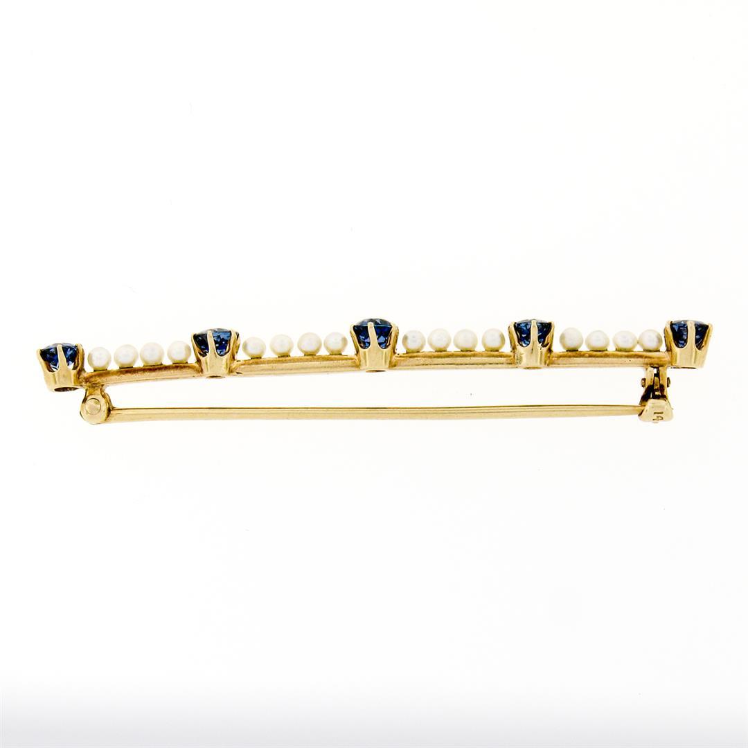 Antique 14k Gold 1.50 ctw Old Cut Montana Sapphire & Seed Pearl Bar Brooch Pin