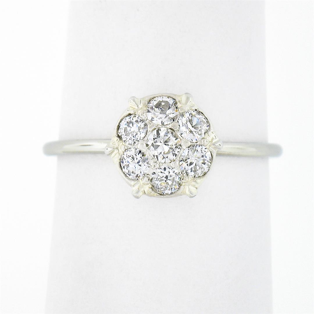 Antique 18k White Gold 0.52 ctw Old European Diamond Cluster Flower Solitaire Ri