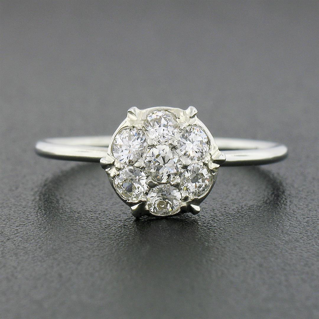 Antique 18k White Gold 0.52 ctw Old European Diamond Cluster Flower Solitaire Ri