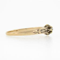 Petite Antique 14K Gold Buttercup Prong Set Diamond Solitaire Hand Engraved Ring