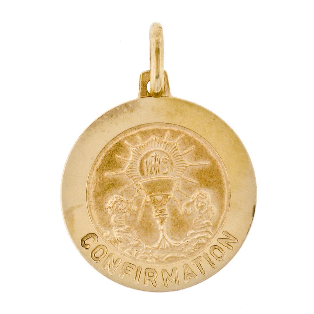 New Italian 14K Yellow Gold Round Textured Confirmation Medallion Charm Pendant