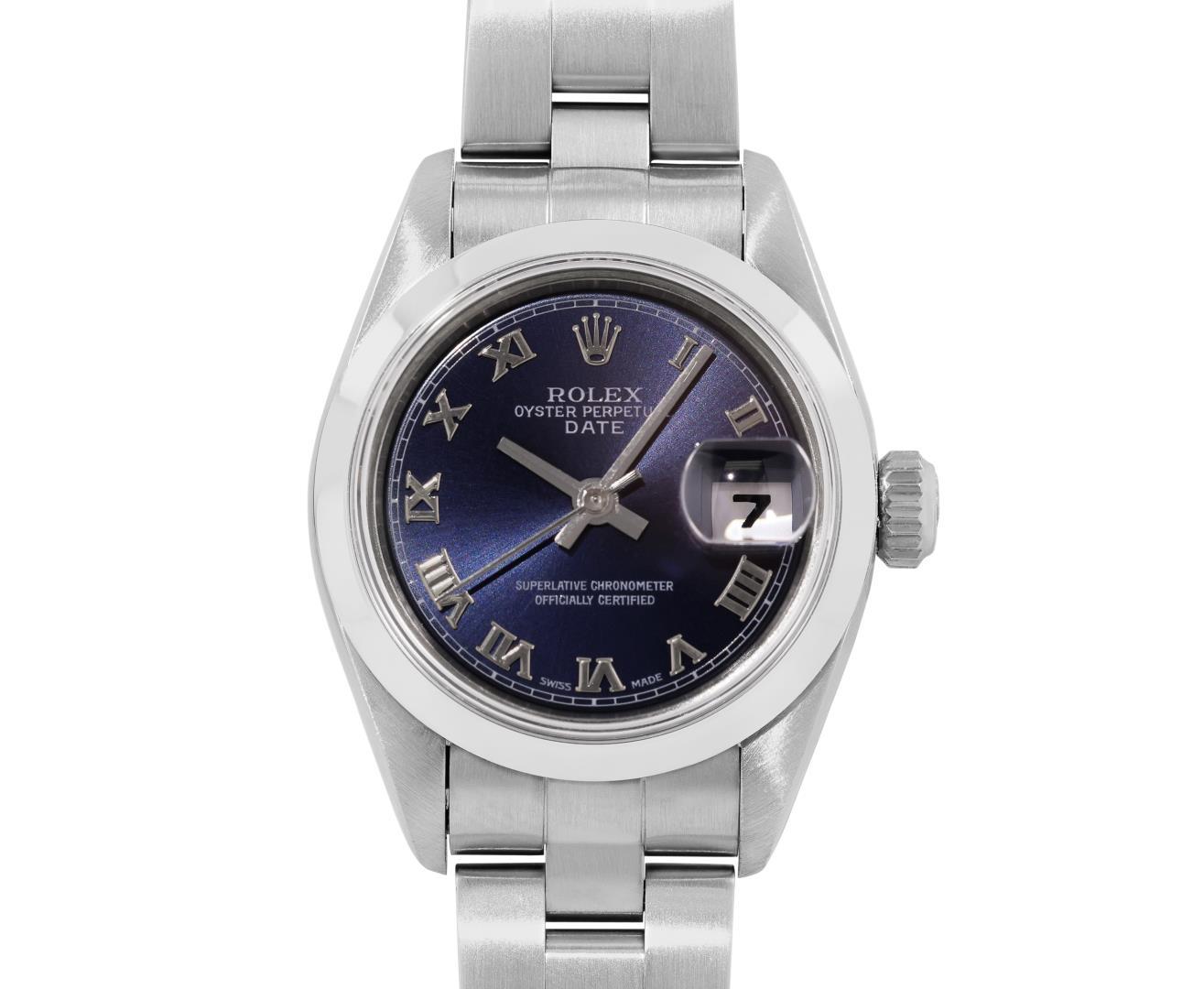 Rolex Ladies Stainless Steel Sapphire Quickset Blue Roman Smooth Bezel Oyster Ba