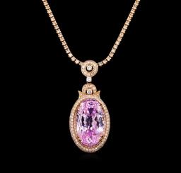 14KT Rose Gold 32.47 ctw GIA Certified Kunzite and Diamond Pendant With Chain