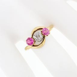 Antique Victorian 18K Gold 1.18 ctw Diamond & European Pink Sapphire 3 Stone Rin