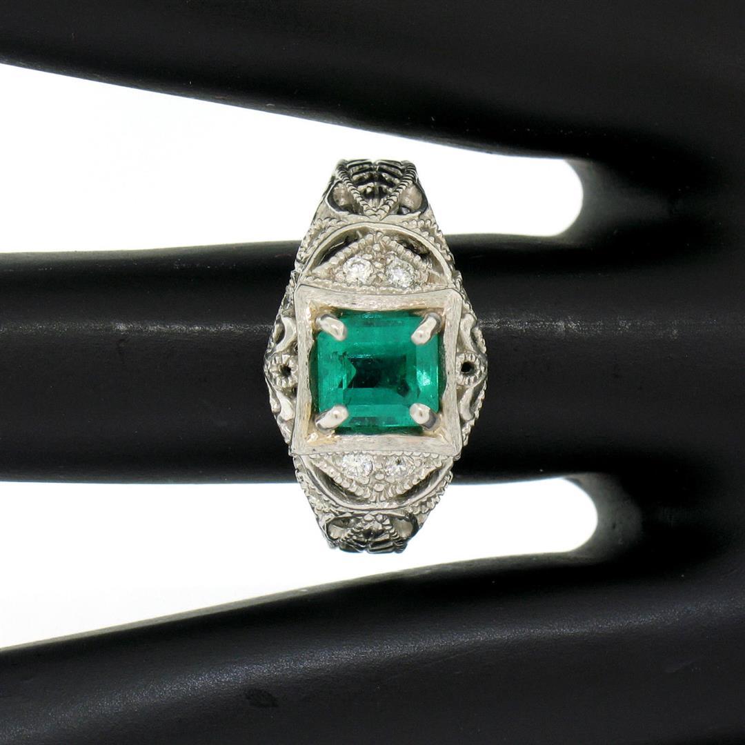 Platinum 1.04 ctw Radiant Emerald & Diamond Milgrain Filigree Etched Cocktail Ri