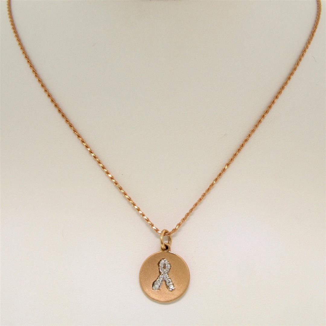 NEW 14K Rose Gold.10 ctw Diamond Awareness Ribbon Disc Pendant w/ 16" Rope Chain