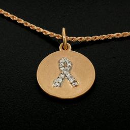 NEW 14K Rose Gold.10 ctw Diamond Awareness Ribbon Disc Pendant w/ 16" Rope Chain