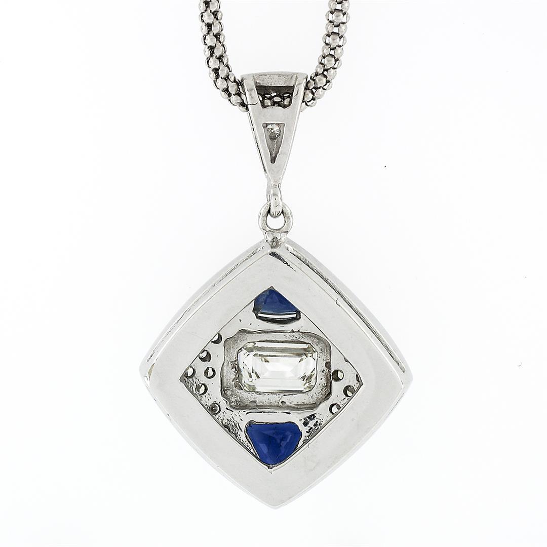 14k White Gold GIA Emerald Cut Diamond & Trillion Sapphire 19" Pendant Necklace