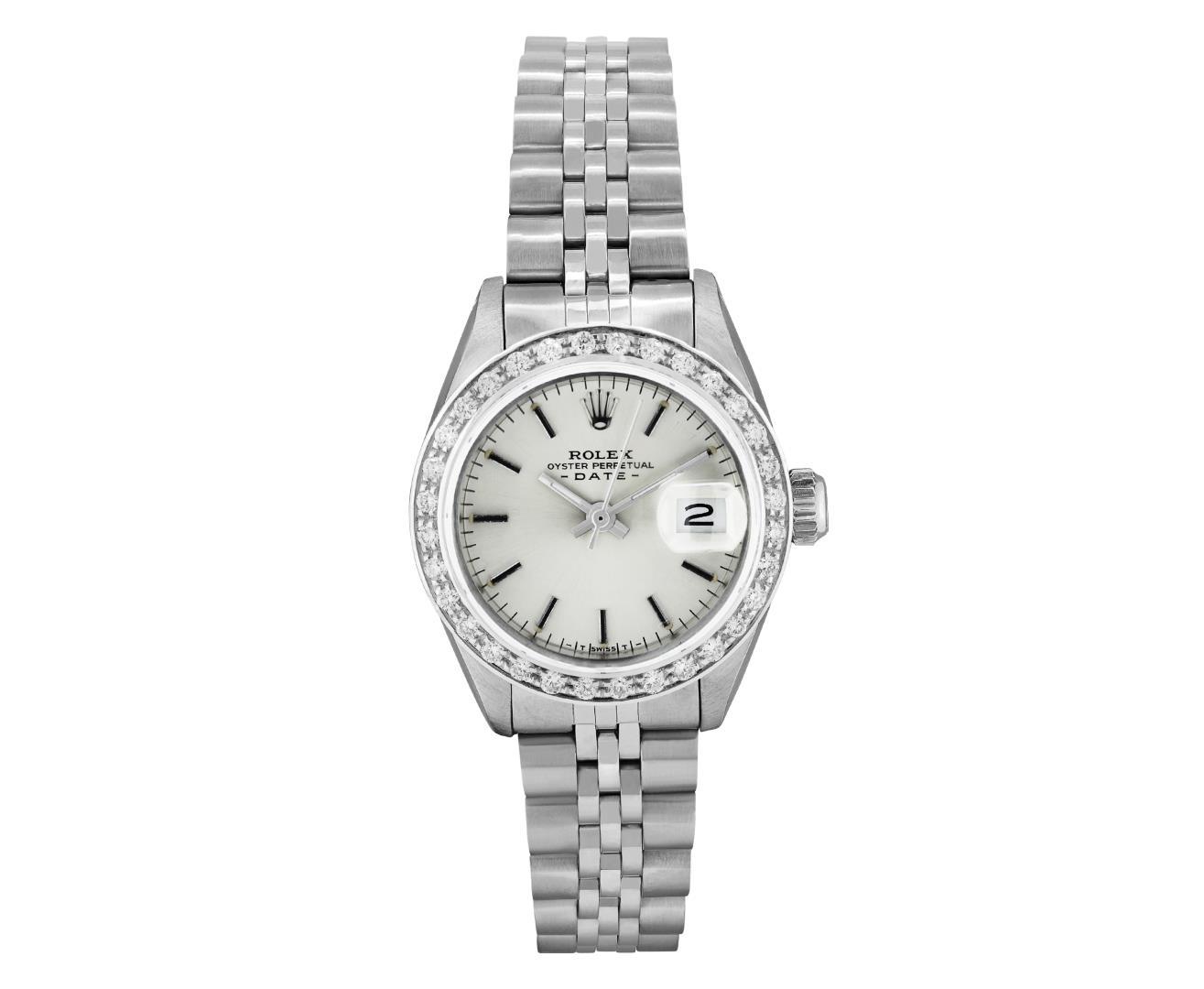 Rolex Ladies Stainless Steel Silver Index Diamond Bezel Date Wristwatch