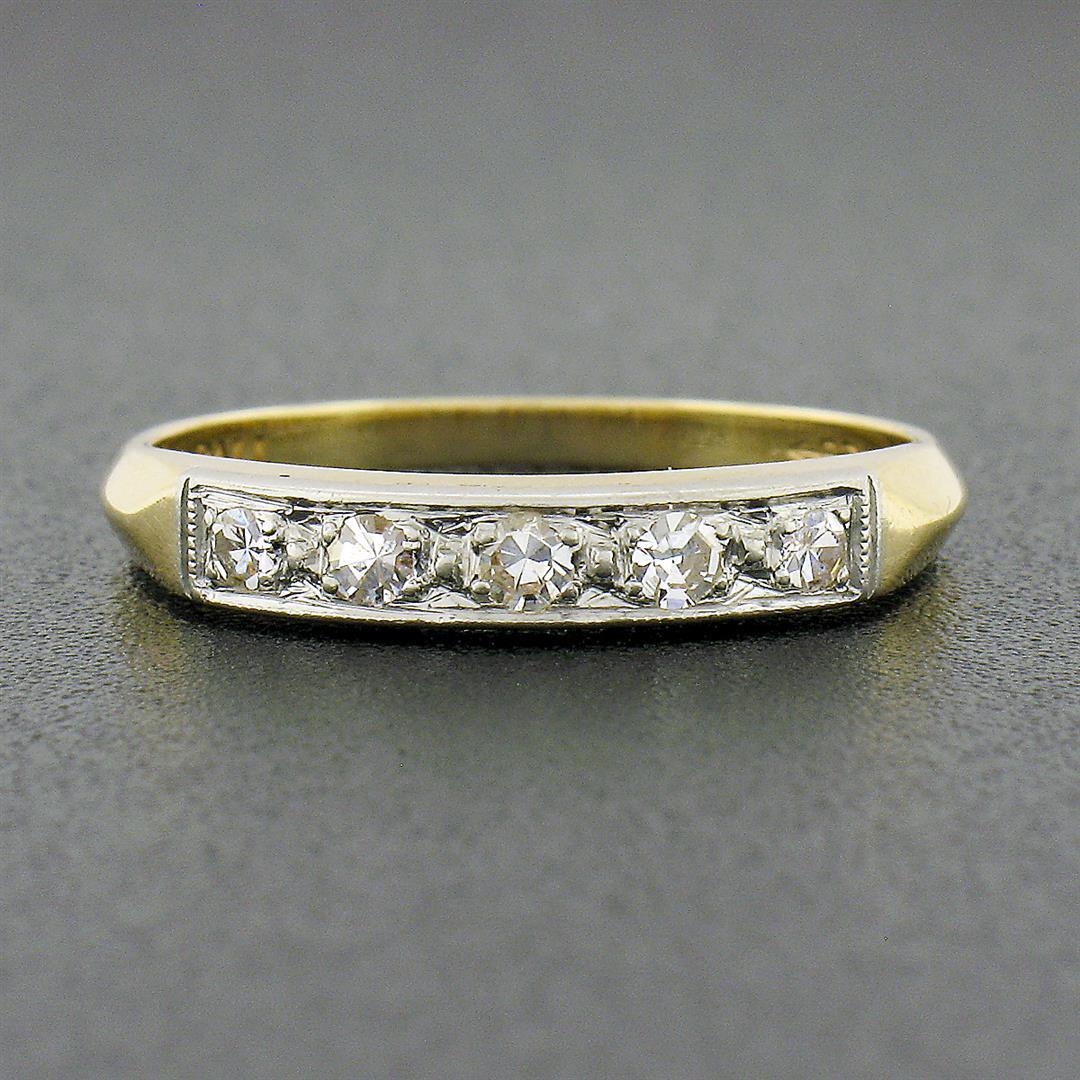 Antique 14k Yellow Gold w/ Palladium Top 0.20 ctw Pave Diamond Wedding Band Ring