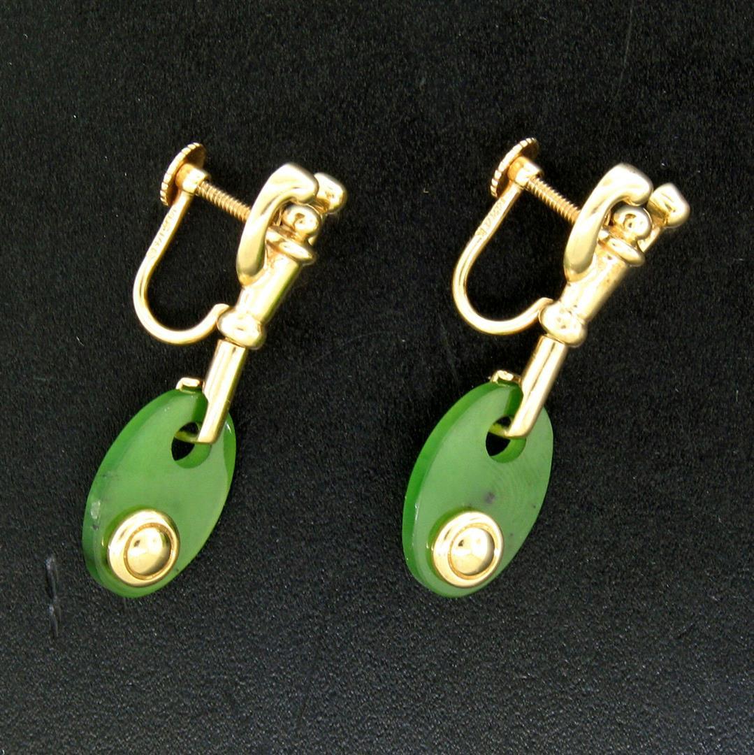 Estate 14k Yellow Gold Oval Disk Jade Screw On Drop Dangle Earrings