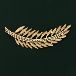 Vintage 14K Yellow Gold Seed Pearl Brushed Finish Long Feather Leaf Brooch Pin