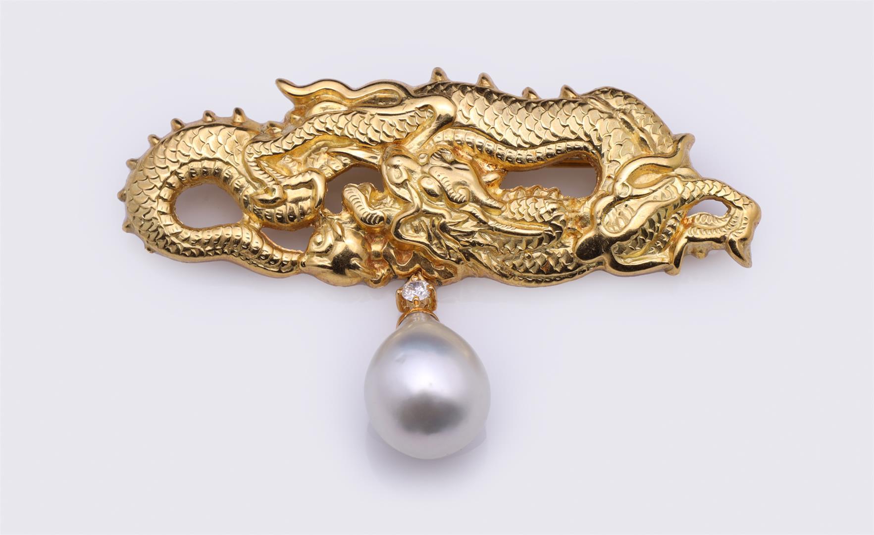 18K Yellow Gold Pearl & Diamond Brooch Cast from Japanese Menuki by R.L. Kay