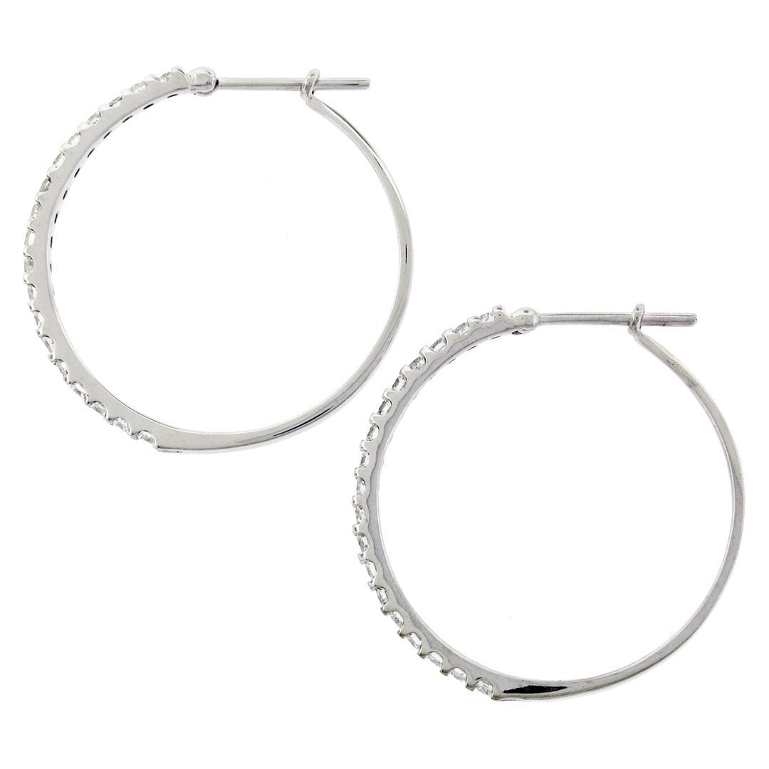 Solid 14K White Gold 1.50 ctw Round Brilliant Diamond Circle Hoop Snap Earrings