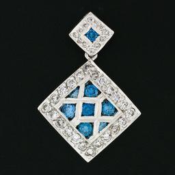 14k White Gold 1.42 ctw Blue & White Diamond Geometric Dual Square Dangle Pendan