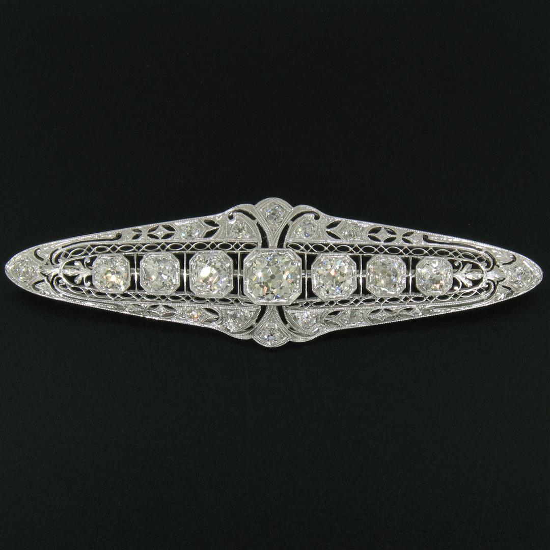 Art Deco Platinum 6.00 ctw Old European and Mine Cut Diamond Filigree Brooch