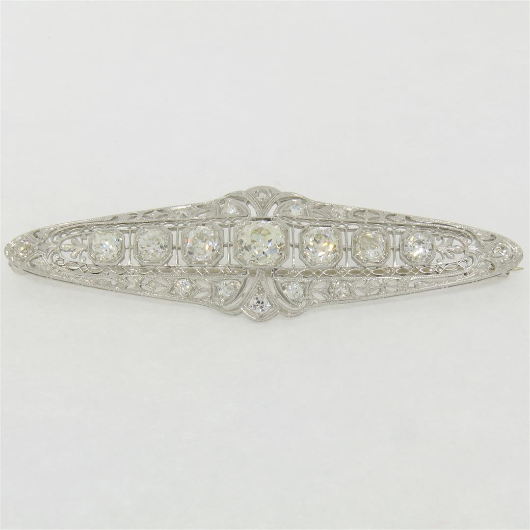 Art Deco Platinum 6.00 ctw Old European and Mine Cut Diamond Filigree Brooch