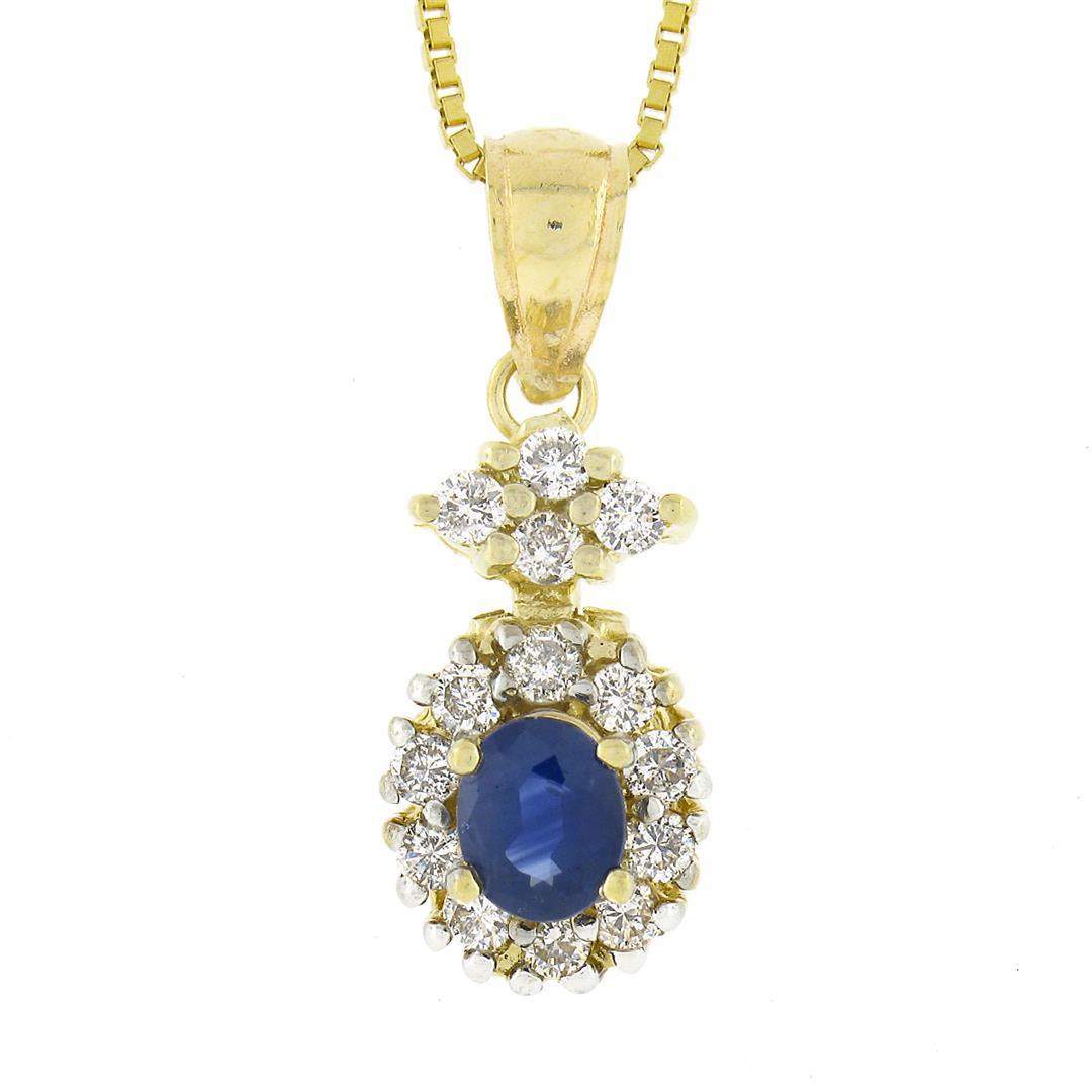 14K Gold 0.85 ctw Sapphire & Diamond Halo Cluster Dangle Pendant w/ 20" Box Chai