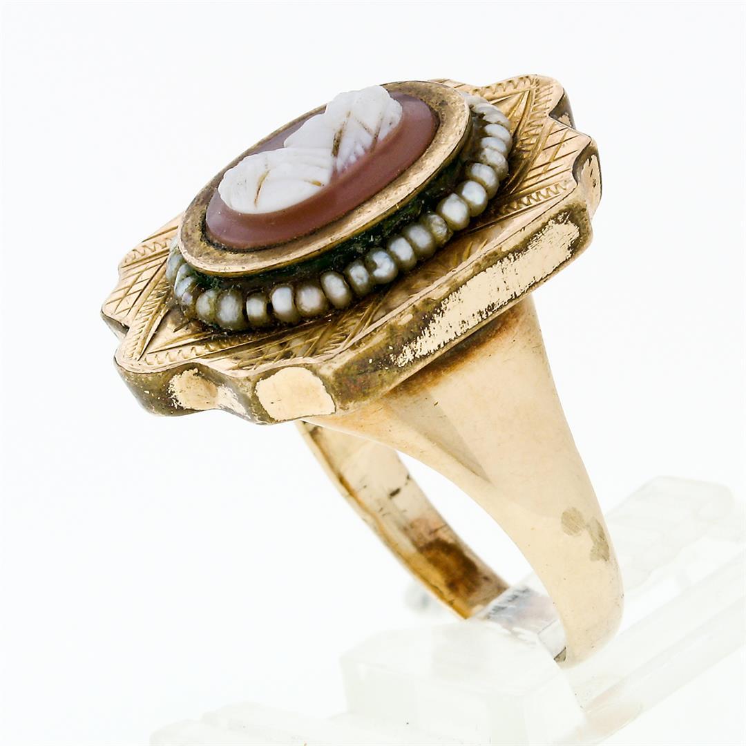 Antique Victorian Etched GF Carved Agate Cameo Solitaire Ring w/ 10k Gold Shank