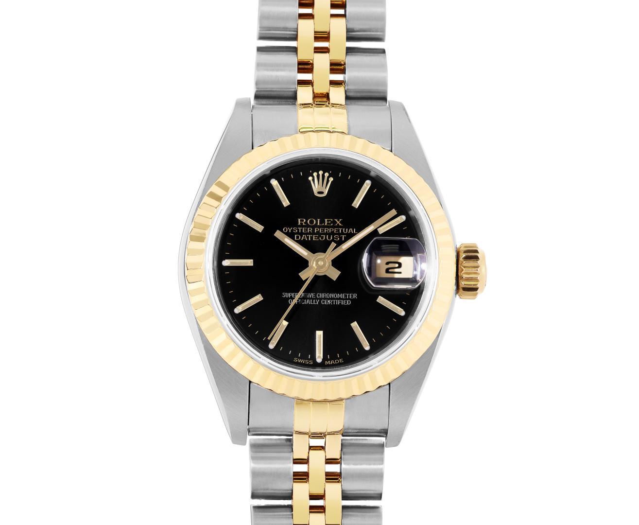 Rolex Ladies 18K Two Tone Gold And Steel Black Index 18K Yellow Gold Fluted Beze