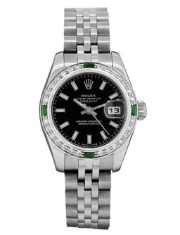 Rolex Ladies Quickset Black Index White Gold Emerald And Diamond Bezel With Hidd