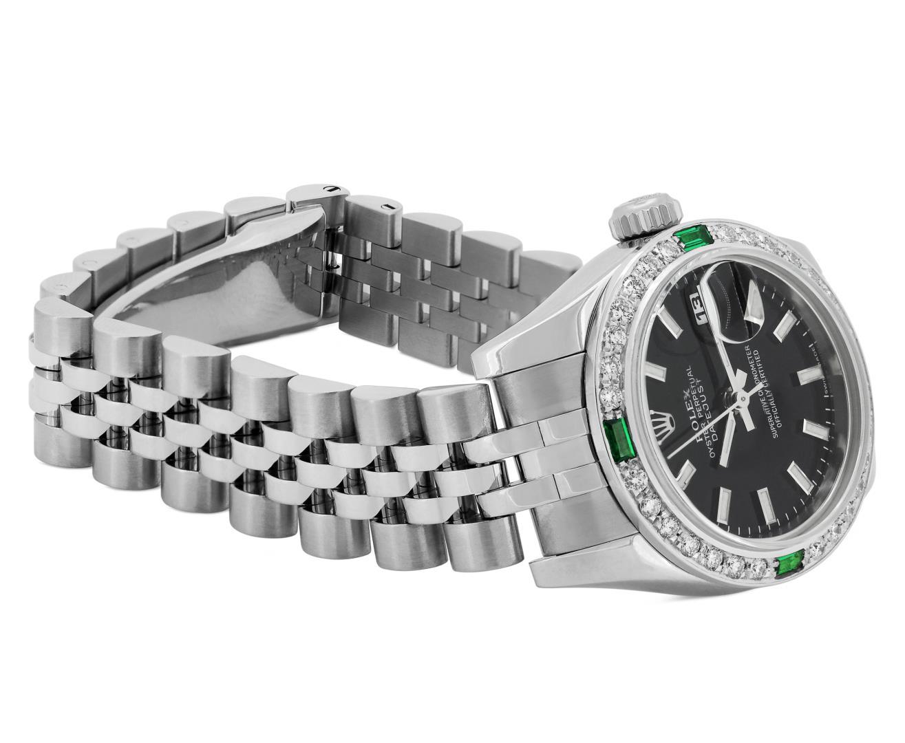 Rolex Ladies Quickset Black Index White Gold Emerald And Diamond Bezel With Hidd