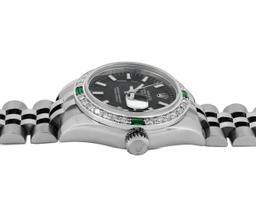 Rolex Ladies Quickset Black Index White Gold Emerald And Diamond Bezel With Hidd