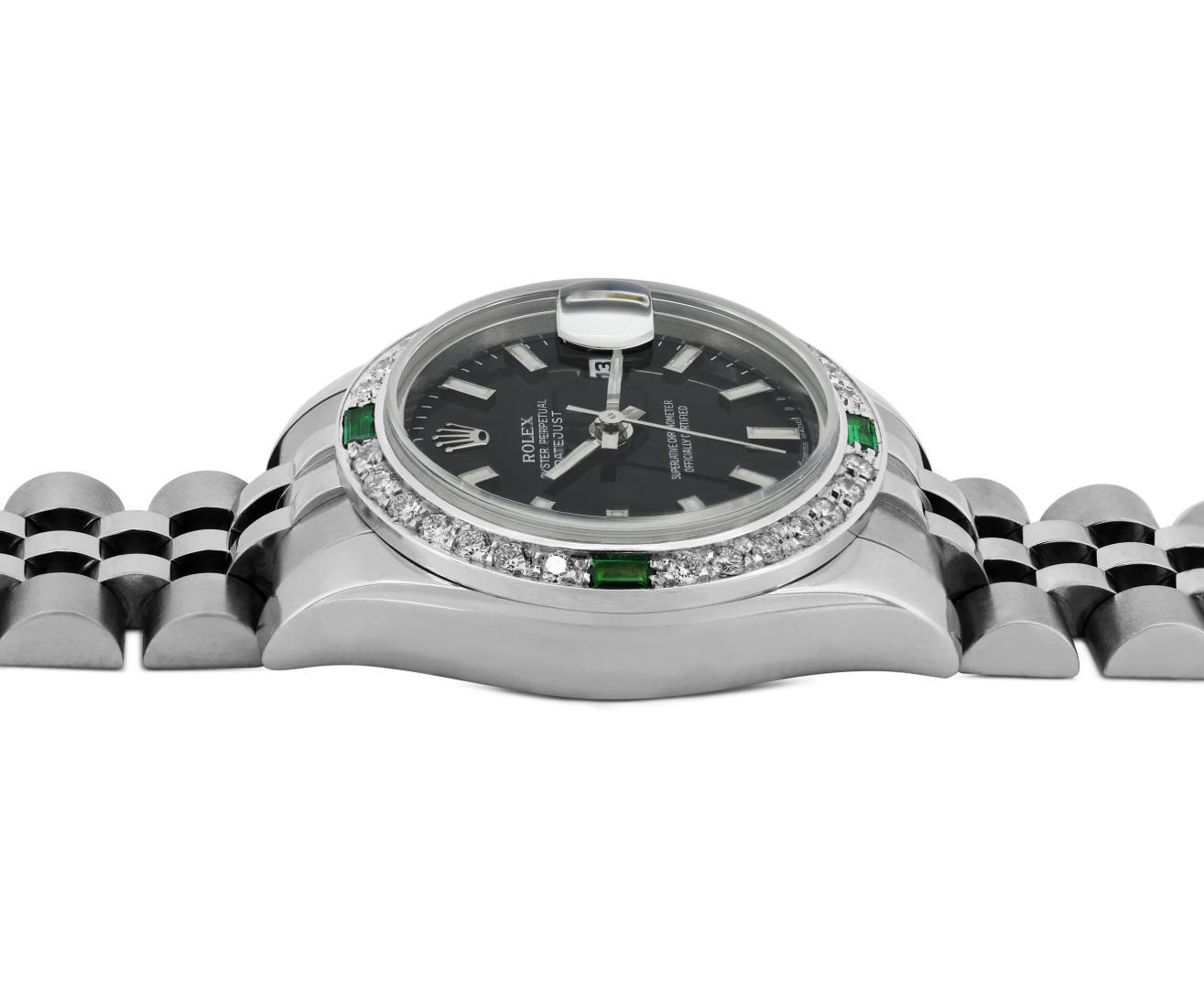 Rolex Ladies Quickset Black Index White Gold Emerald And Diamond Bezel With Hidd