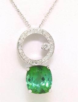 NEW 18k Gold 3.85 ctw Fiery Blue Green Tourmaline & Diamond Dangle Pendant & Cha