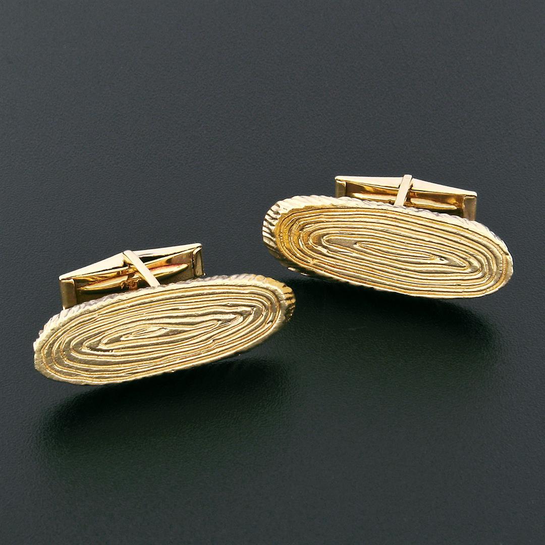 Men's Solid 14k Yellow Gold Textured Oval Tree Stump Pattern Cufflinks Links