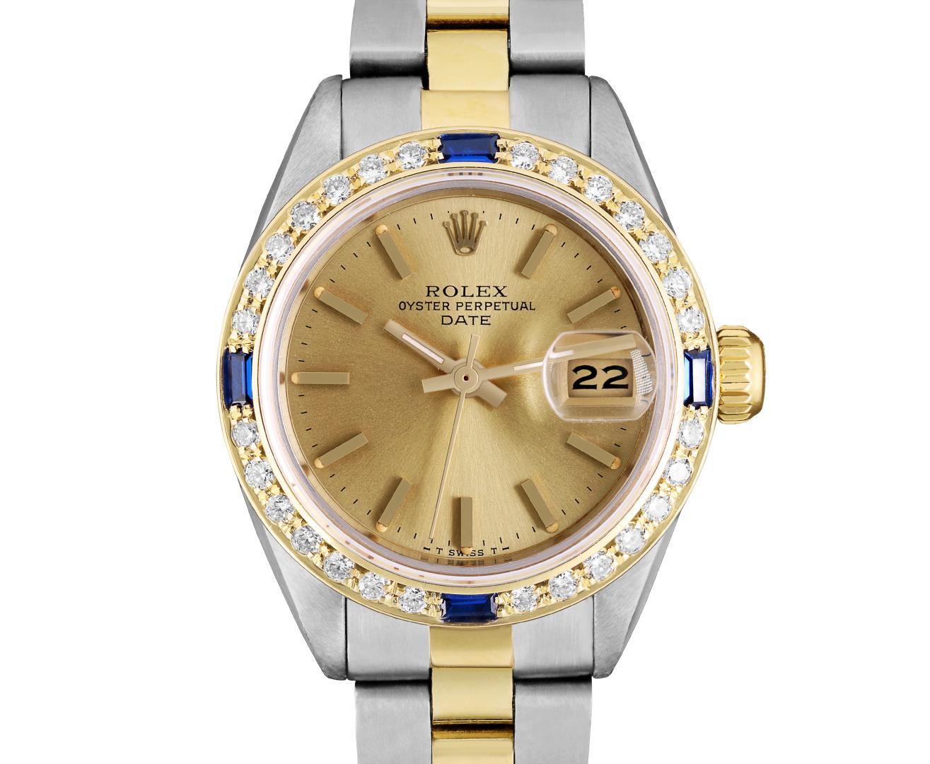 Rolex Ladies Two Tone Gold And Steel Champagne Dial Diamond And Sapphire Date Wa