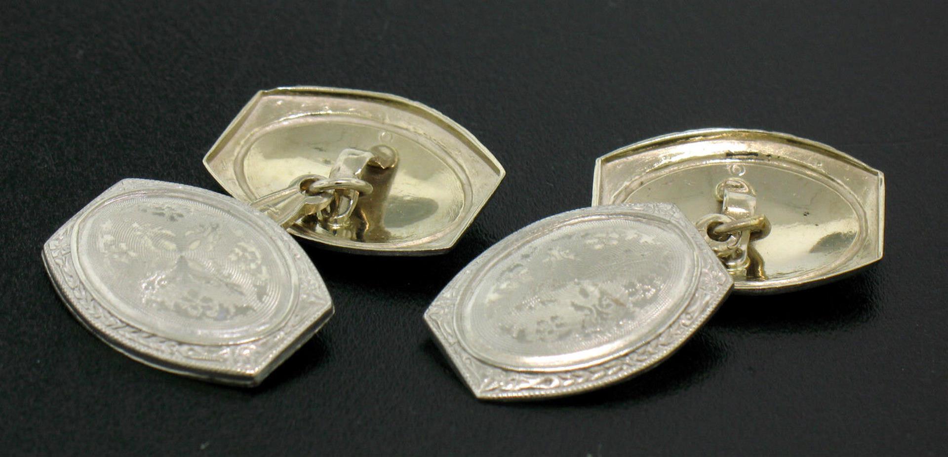 Men's Antique Art Deco Solid 14k White Gold Damask Etched Oval Panel Cufflinks