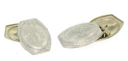 Men's Antique Art Deco Solid 14k White Gold Damask Etched Oval Panel Cufflinks