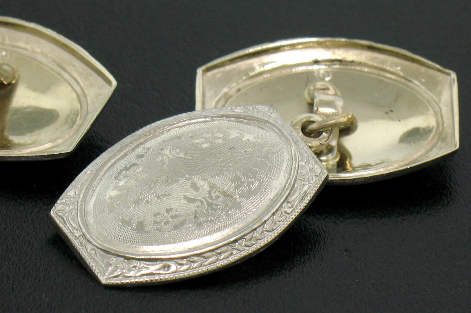 Men's Antique Art Deco Solid 14k White Gold Damask Etched Oval Panel Cufflinks