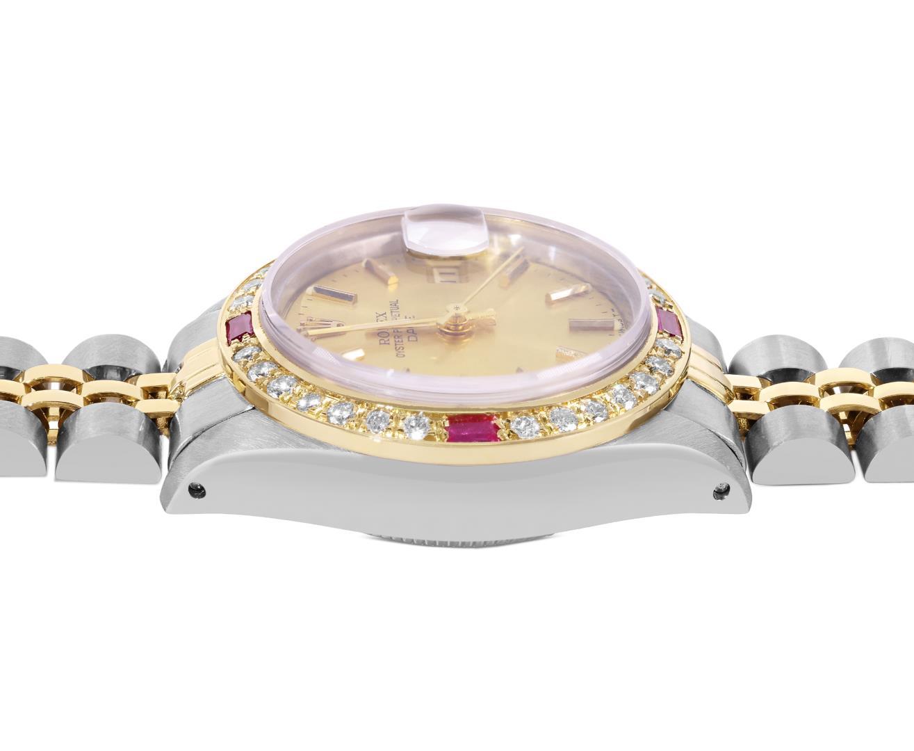 Rolex Ladies Two Tone Champagne Index Diamond And Ruby Date Wristwatch