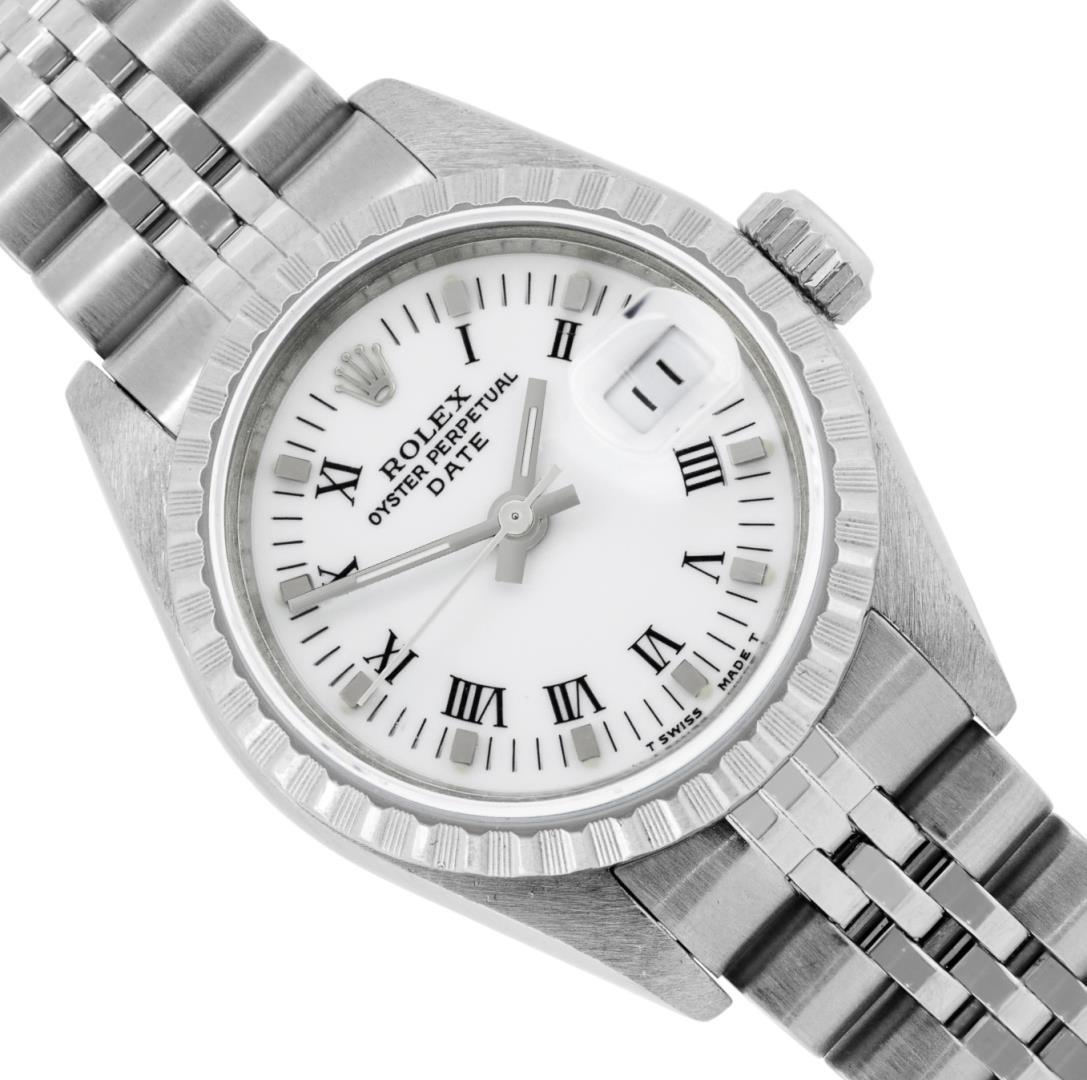 Rolex Ladies Stainless Steel Quickset White Roman Engine Turn Bezel Date Watch W