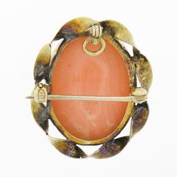 Antique 10k Yellow Gold Oval Carved Coral Cameo Twisted Frame Brooch Pin Pendant