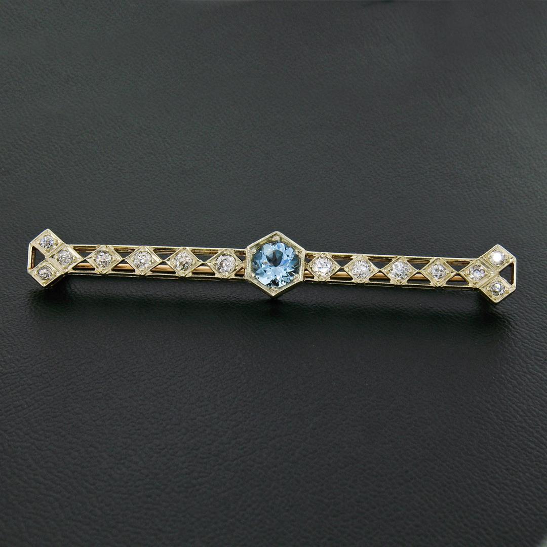 Antique Edwardian 14k Gold 2.28 ctw Round Aquamarine European Diamond Bar Brooch